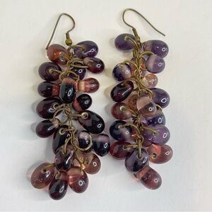 Vintage Polished Amethyst Dangle Earrings Grape Clusters Metal Wire Pierced Hook